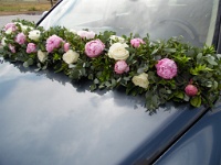 στολισμός του αυτοκινήτου με ροζ παιώνιες και ιβουάρ τριαντάφυλλα