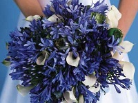 νυφικό μπουκέτο με μπλε λίλιουμ, λευκές κάλλες και καρπούς παπαρούνας